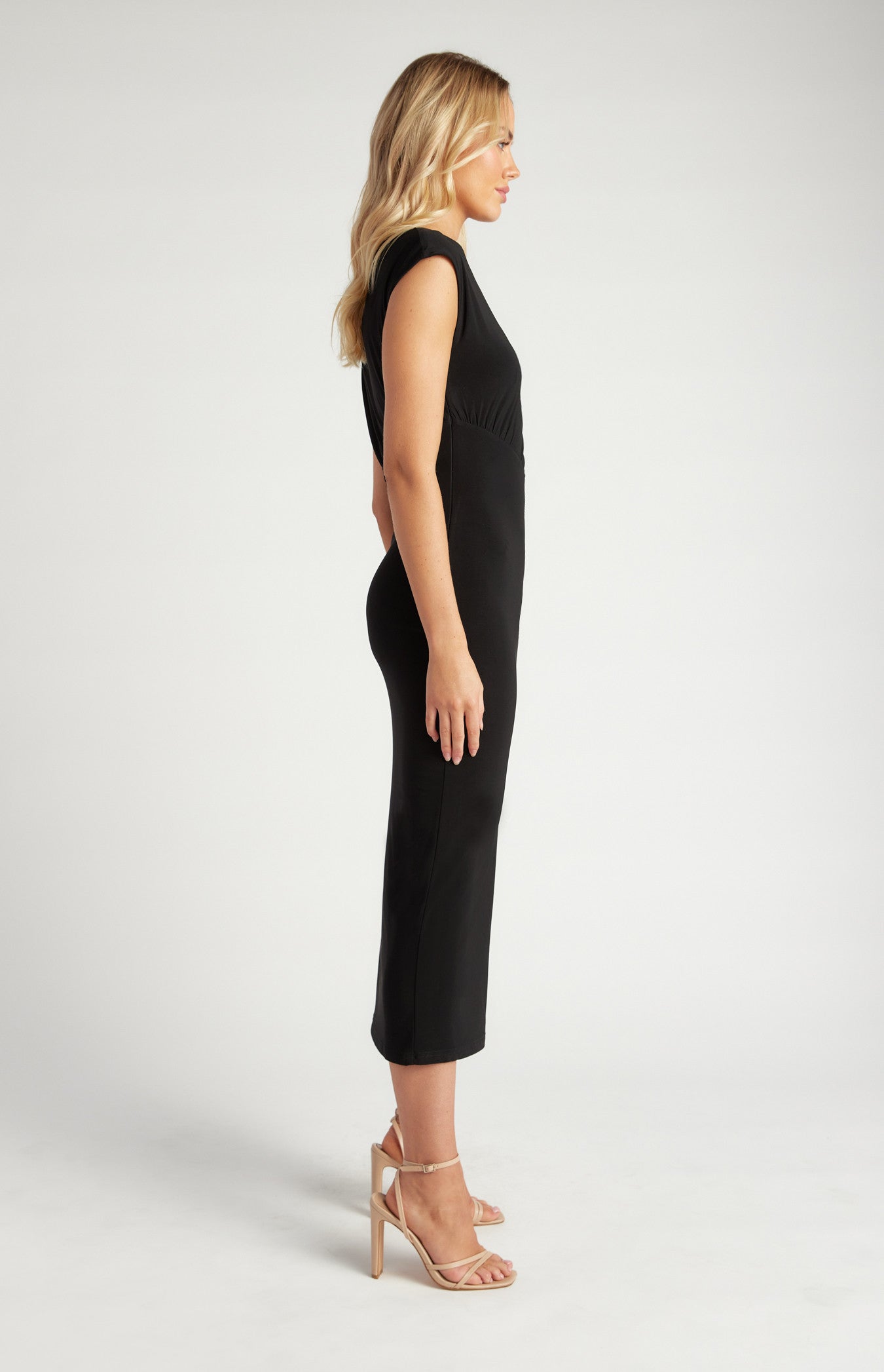 STYLE STATE GATHERED BODICE SEAM DETAIL JERSEY MIDI DRESS BLACK