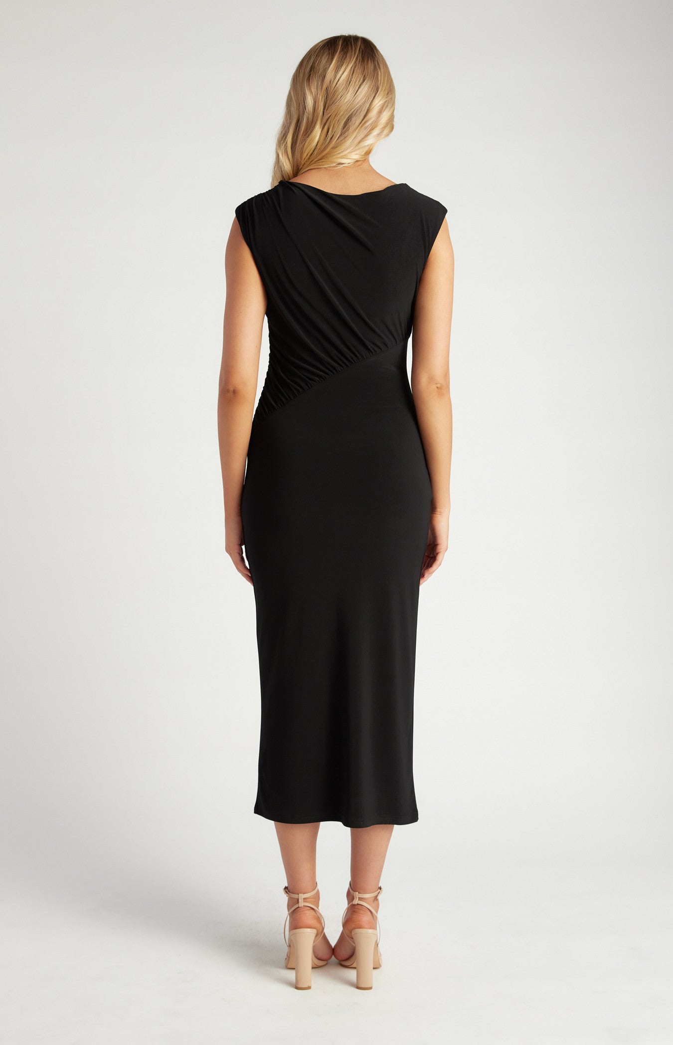 STYLE STATE GATHERED BODICE SEAM DETAIL JERSEY MIDI DRESS BLACK