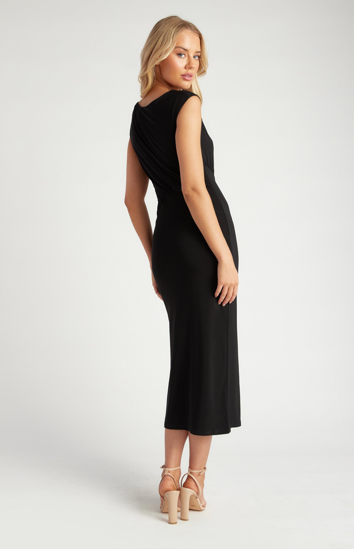 STYLE STATE GATHERED BODICE SEAM DETAIL JERSEY MIDI DRESS BLACK