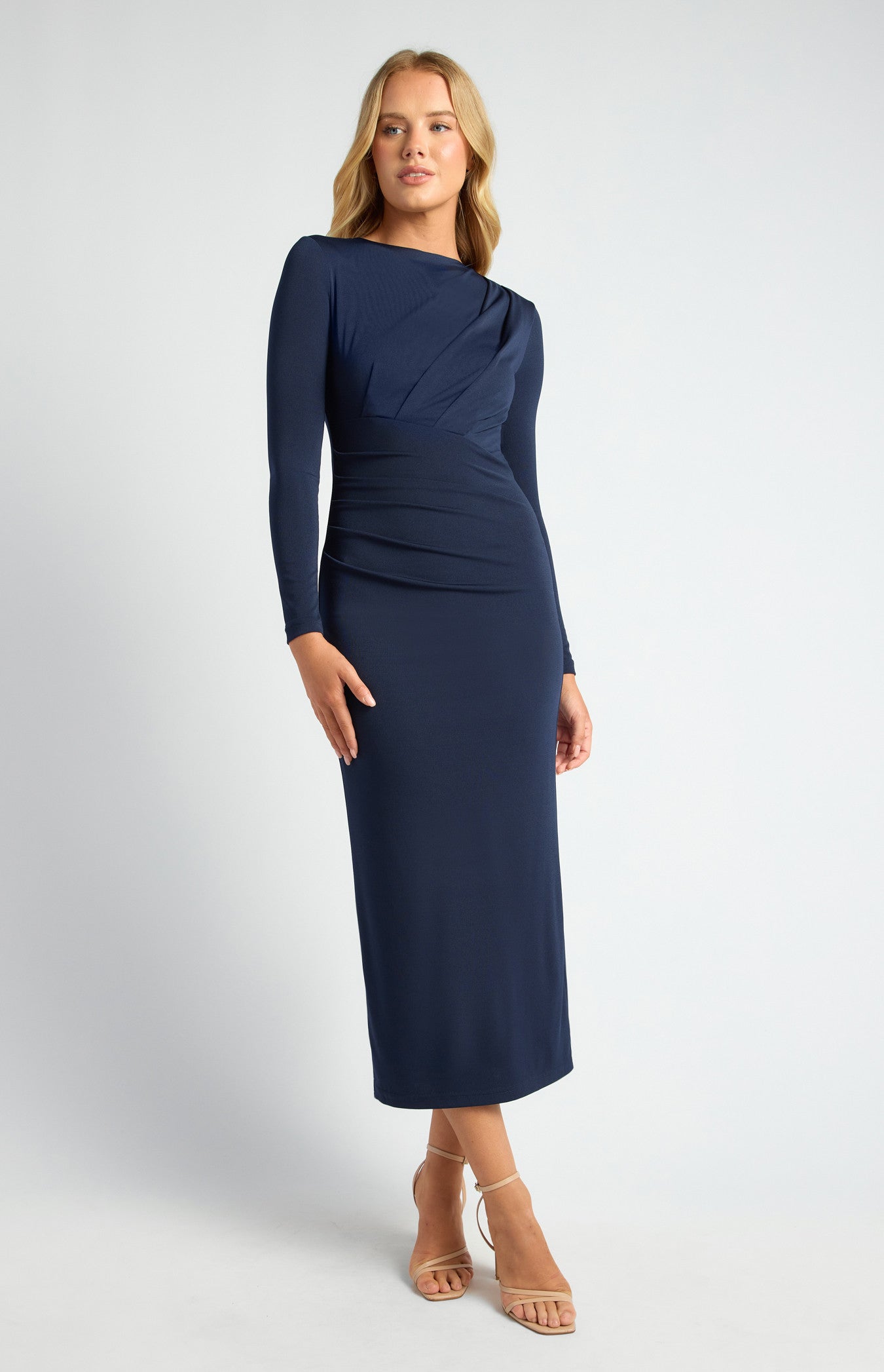 STYLE STATE PLEATED DETAIL STRETCH JERSEY MIDI DRESS NAVY