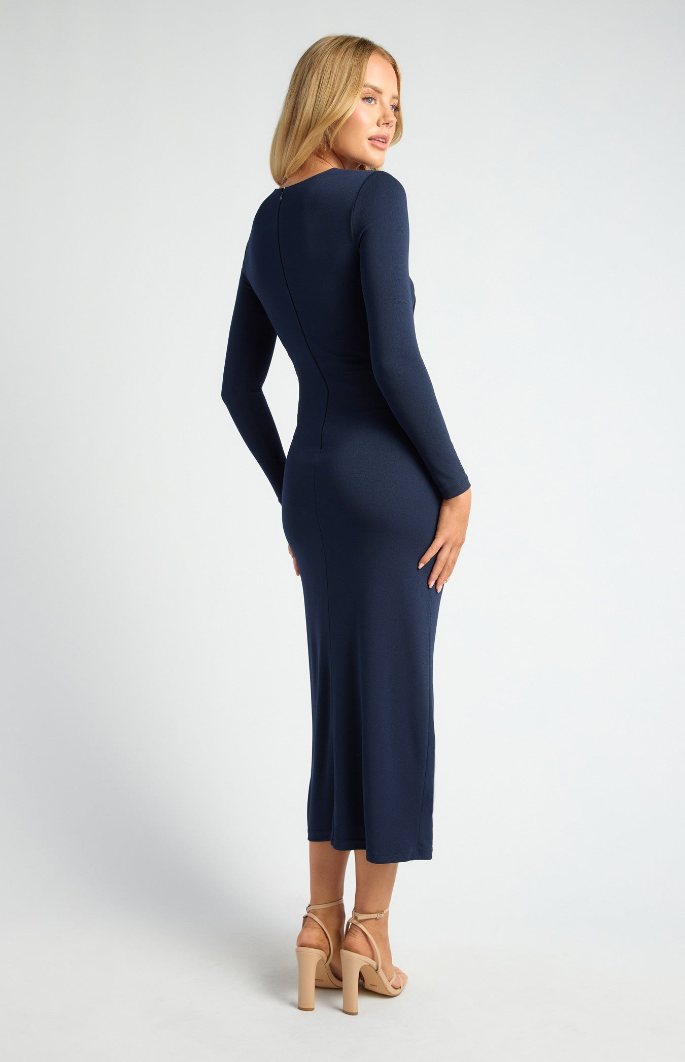 STYLE STATE PLEATED DETAIL STRETCH JERSEY MIDI DRESS NAVY