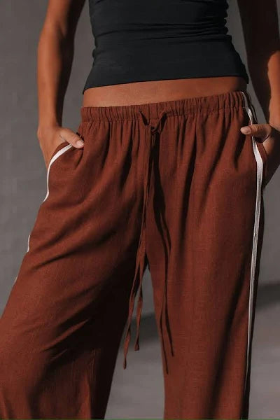 Grace & Co Berlin Side Strip Linen Pant Chocolate