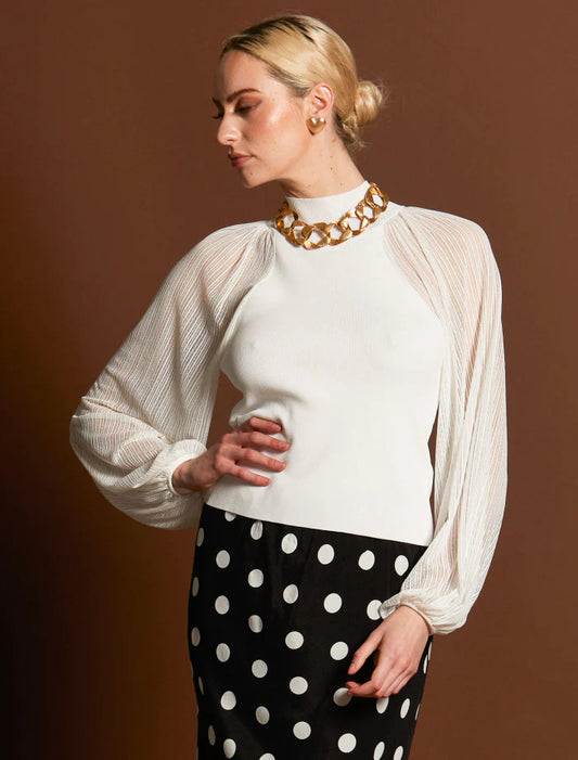 FATE+BECKER SNOWFLAKE SHEER SLEEVE KNIT TOP WHITE