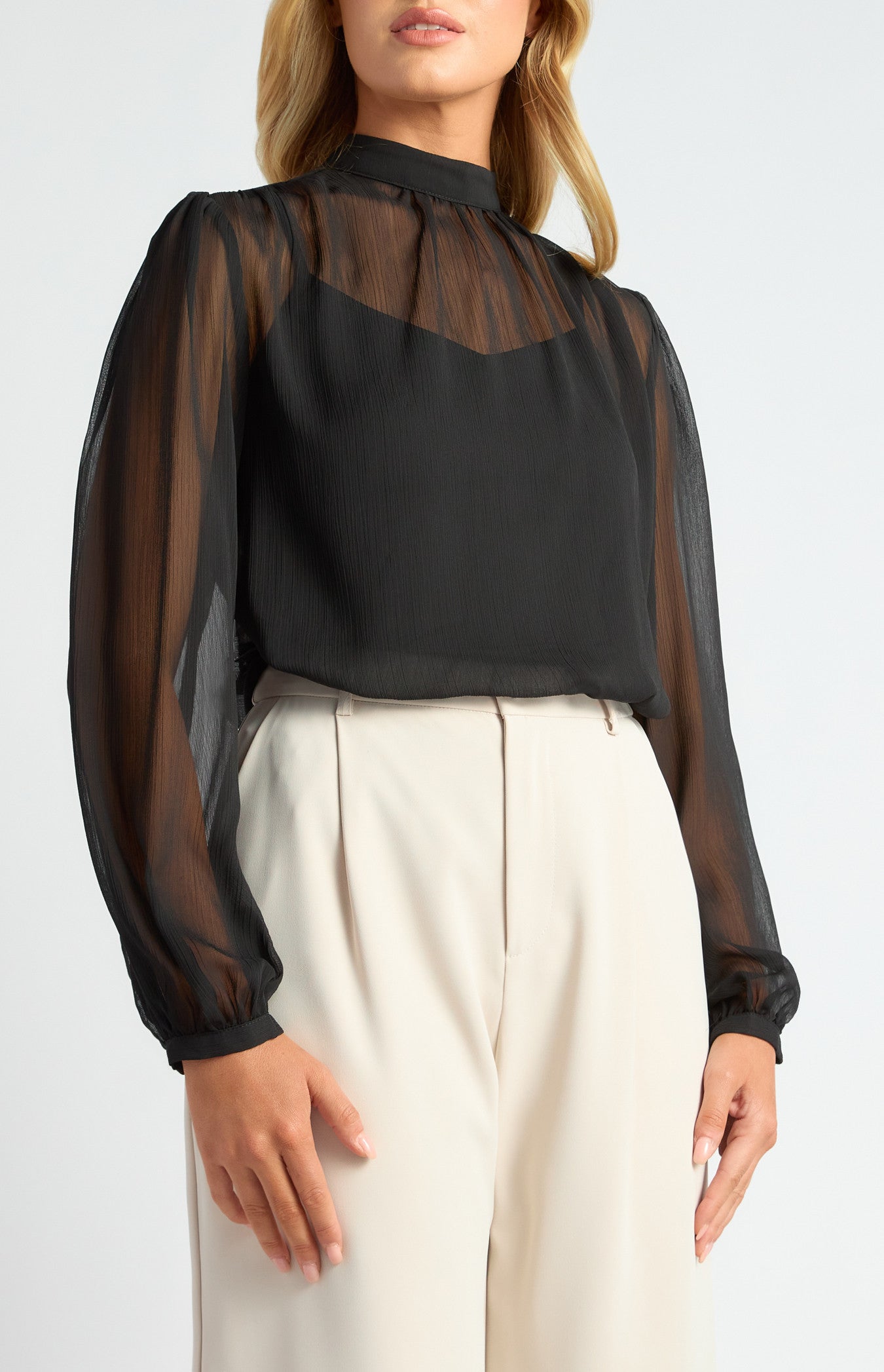 STYLE STATE HIGH NECK CHIFFON TOP WITH SEPERATE CAMI BLACK