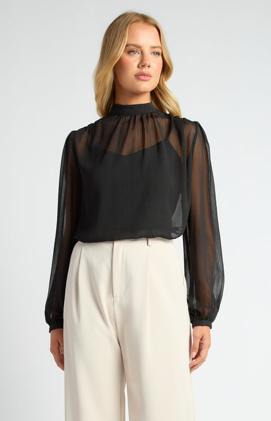 STYLE STATE HIGH NECK CHIFFON TOP WITH SEPERATE CAMI BLACK