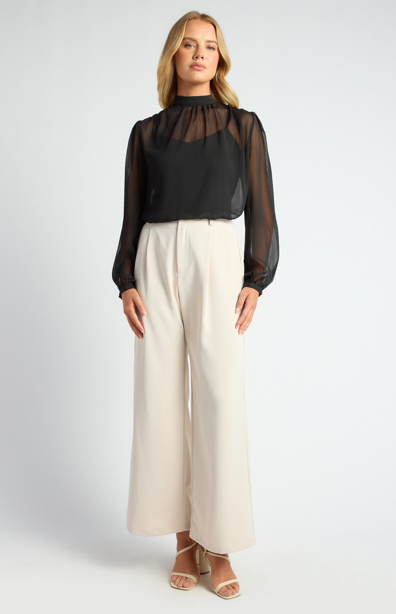 STYLE STATE HIGH NECK CHIFFON TOP WITH SEPERATE CAMI BLACK