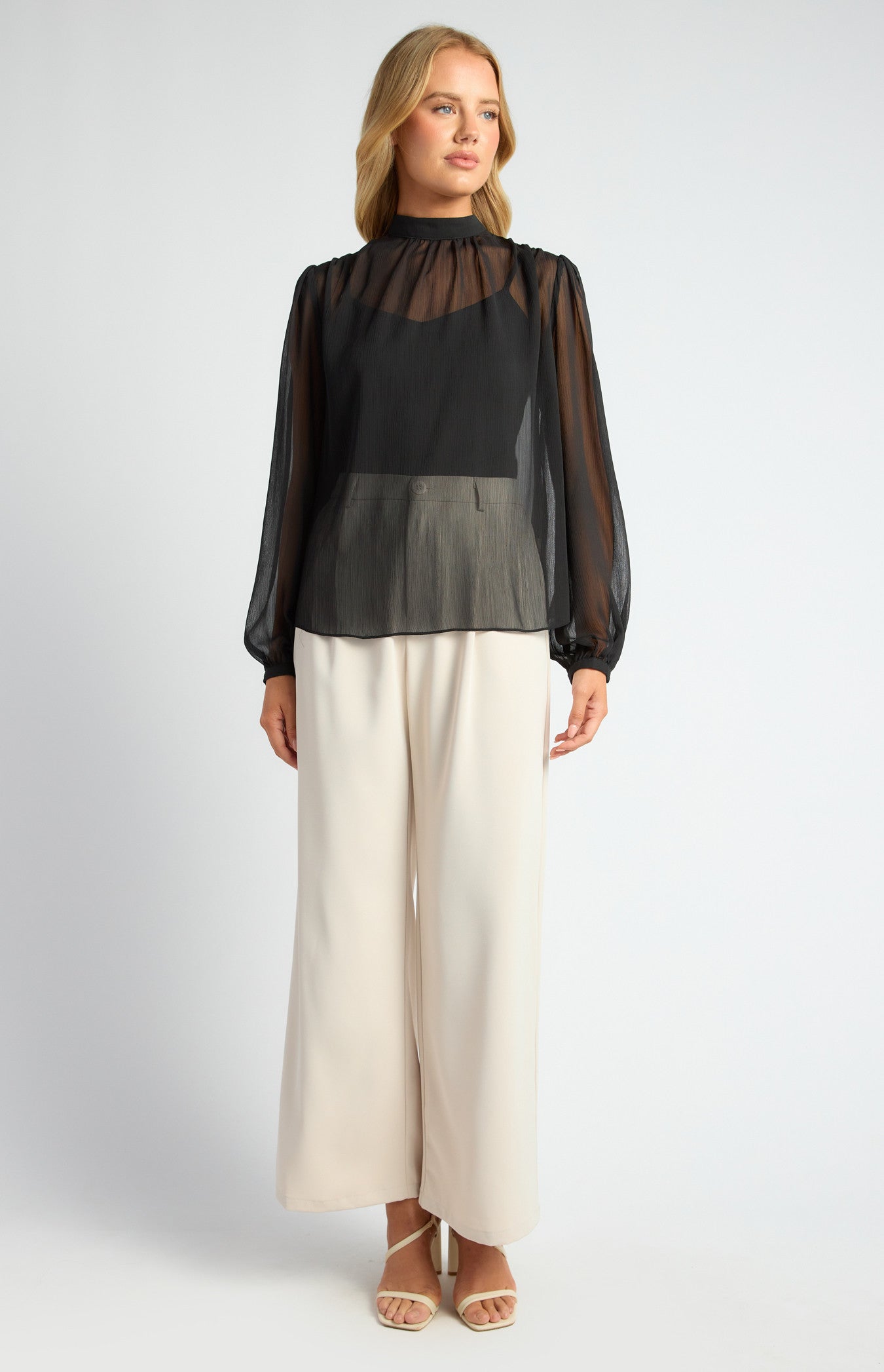 STYLE STATE HIGH NECK CHIFFON TOP WITH SEPERATE CAMI BLACK
