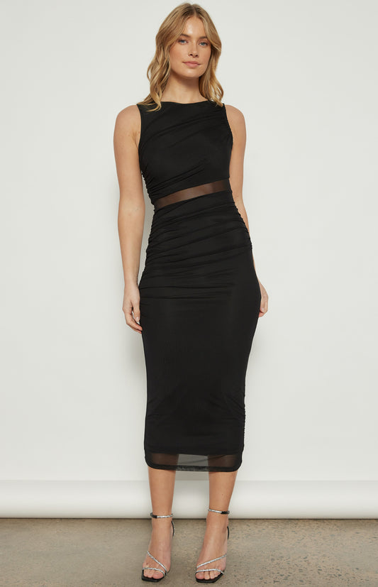 STYLE STATE RUCHED MESH BODYCON WITH SHEER WAIST DETAIL BLACK