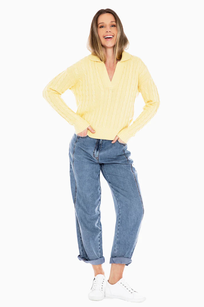 JUMP COLLARED CABLE PULLOVER LEMON