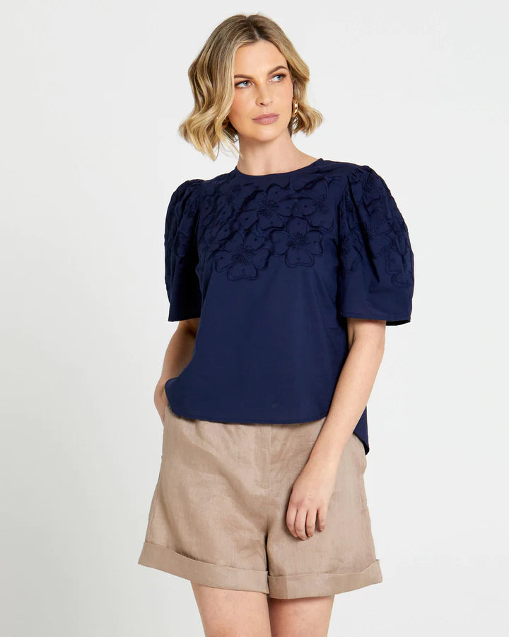 FATE+BECKER DREAMS EMBROIDERED TOP NAVY
