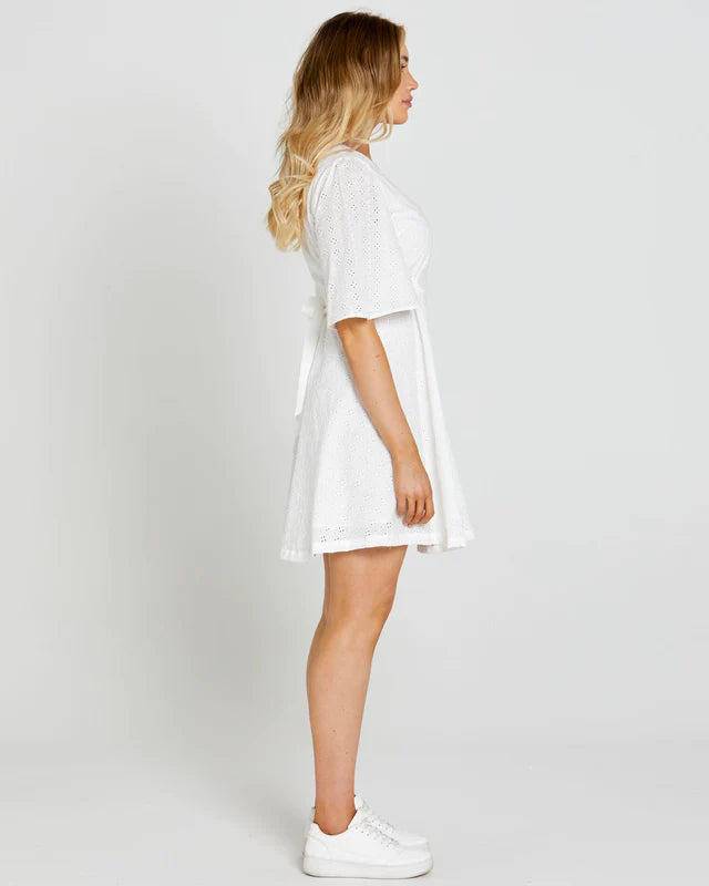 SASS SOFIA EMBROIDED BELL SLEEVE DRESS WHITE