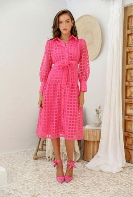 YH & CO GLAMOUR SQUARE MIDI DRESS HOT PINK
