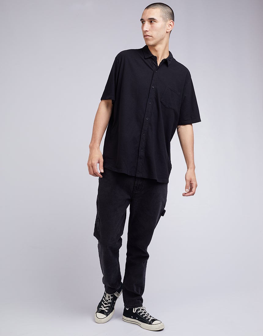 SILENT THEORY LINEN BLEND JERSEY SS SHIRT BLACK