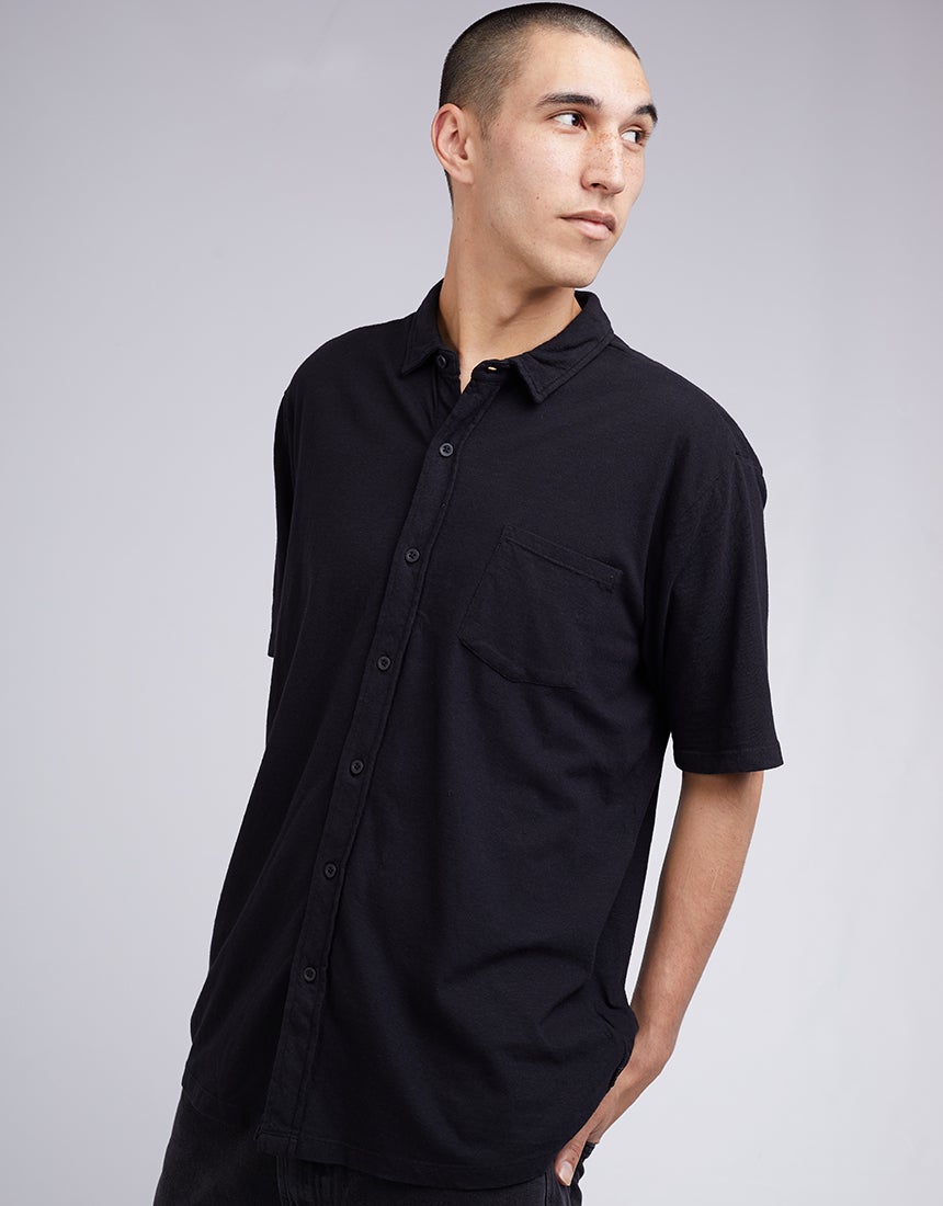 SILENT THEORY LINEN BLEND JERSEY SS SHIRT BLACK