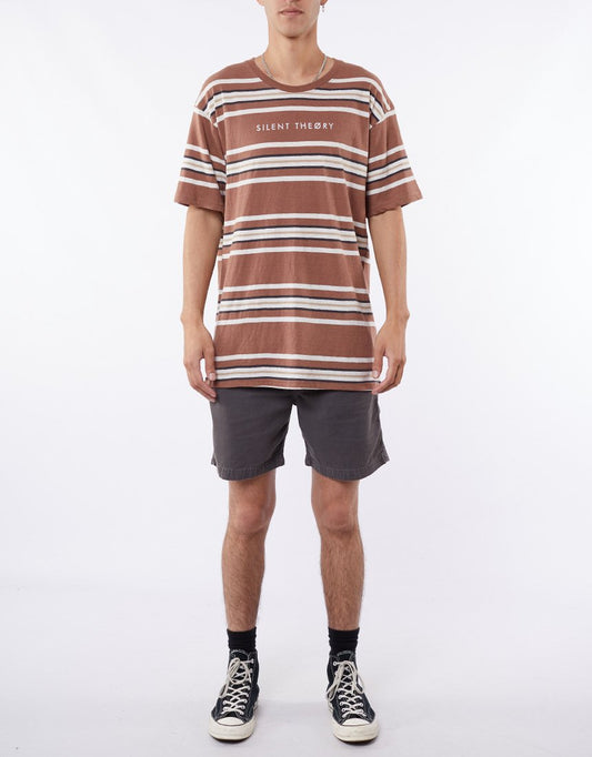 SILENT THEORY STANDARD LINEN BLEND STRIPE SS SHIRT BROWN