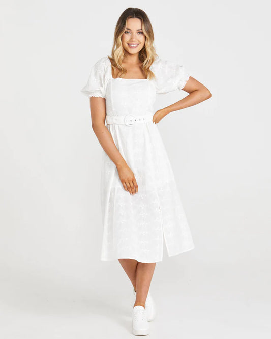 SASS ASHER MIDI BELTED DRESS WHITE