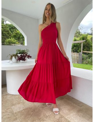 MYLK CIERRA ONE SHOULDER MAXI DRESS RED