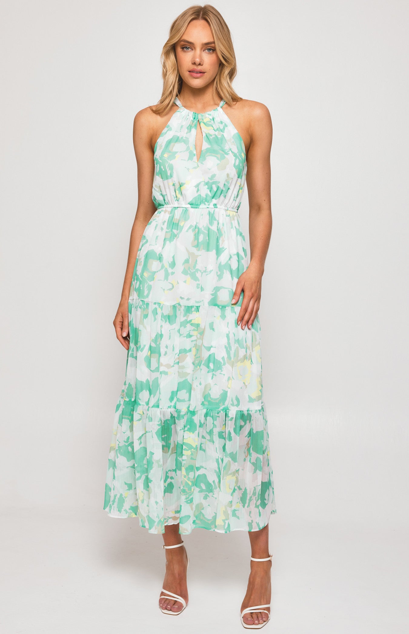 STYLE STATE ABSTRACT PRINT HALTER MIDI DRESS WITH TIERED HEM MINT