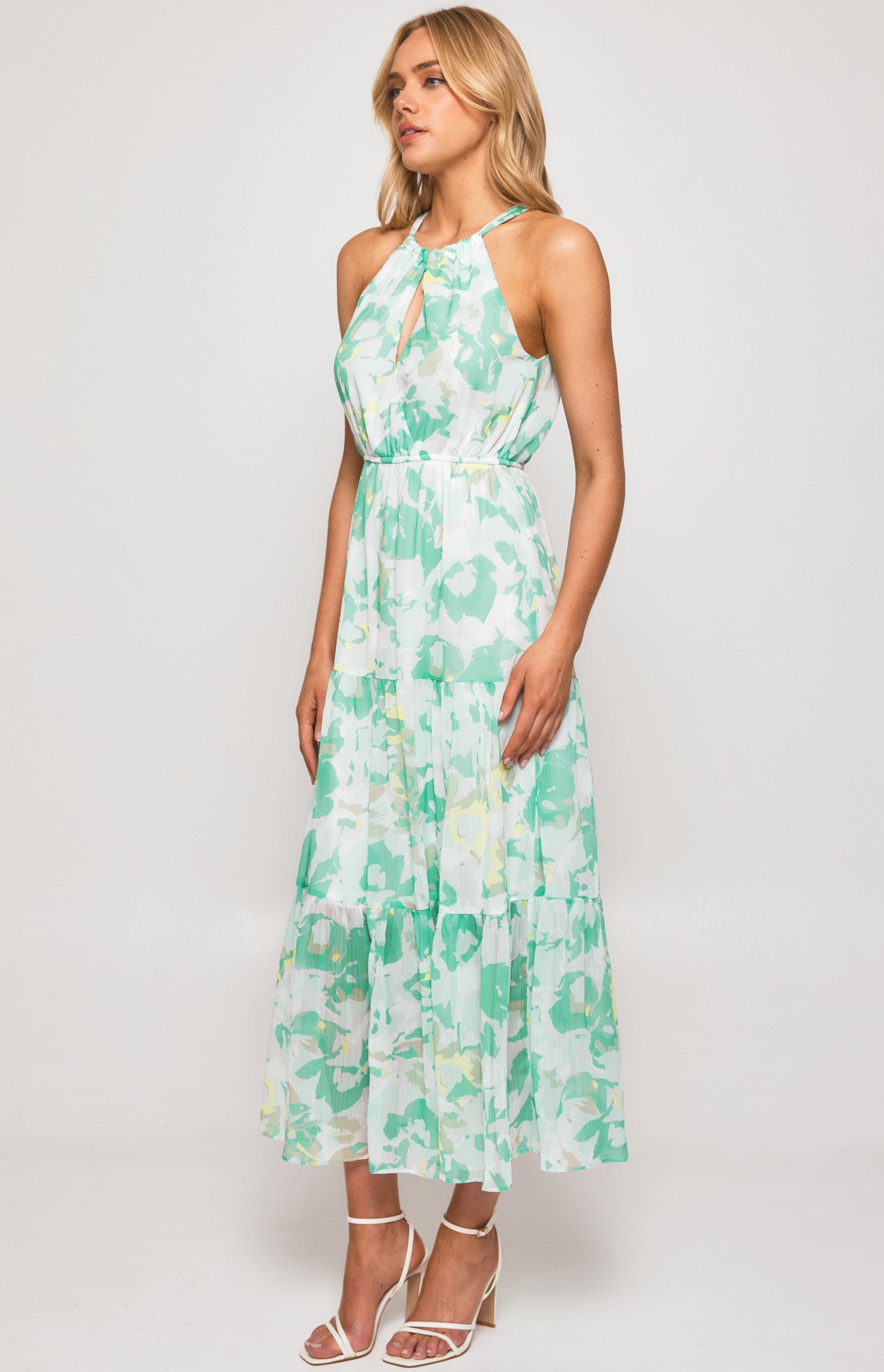 STYLE STATE ABSTRACT PRINT HALTER MIDI DRESS WITH TIERED HEM MINT