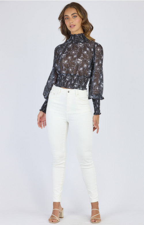 STYLE STATE PRINTED CHIFFON TOP WITH SHIRRED DETAILING BLACK