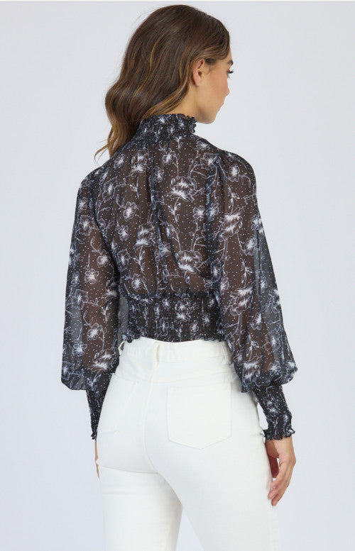 STYLE STATE PRINTED CHIFFON TOP WITH SHIRRED DETAILING BLACK